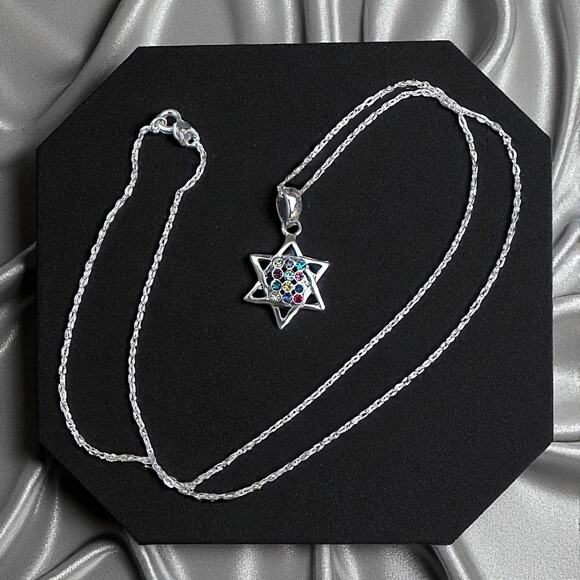 Sterling Silver Hoshen Star of David Multi-Colored CZ Necklace - Picture 1 of 5